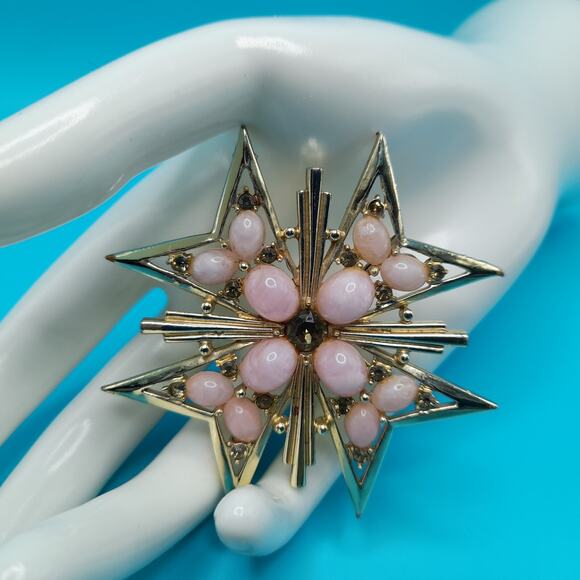 Vintage Maltese Cross Brooch, Pink Cabochons Gray Rhinestones Signed MX233 - Picture 2 of 10